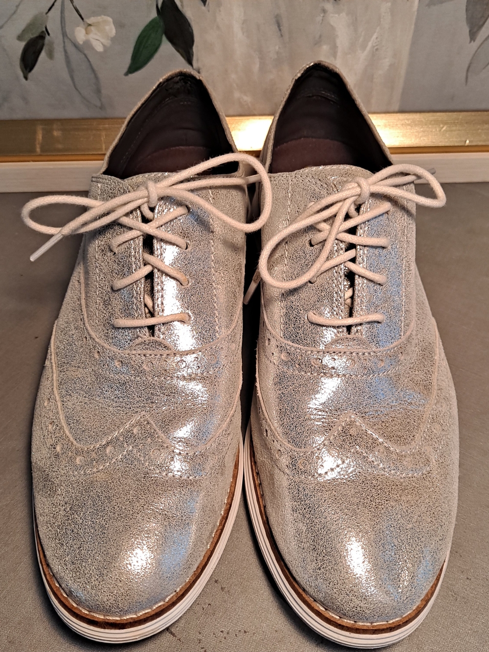 Cole Haan Original Grand Metallic Silver Leather Wingtip Oxfords 8.5 Trendy Shoe